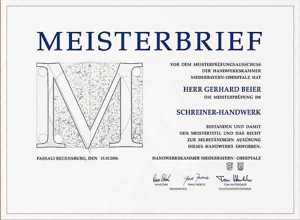 Meisterbrief Schreinermeister Gerhard Beier