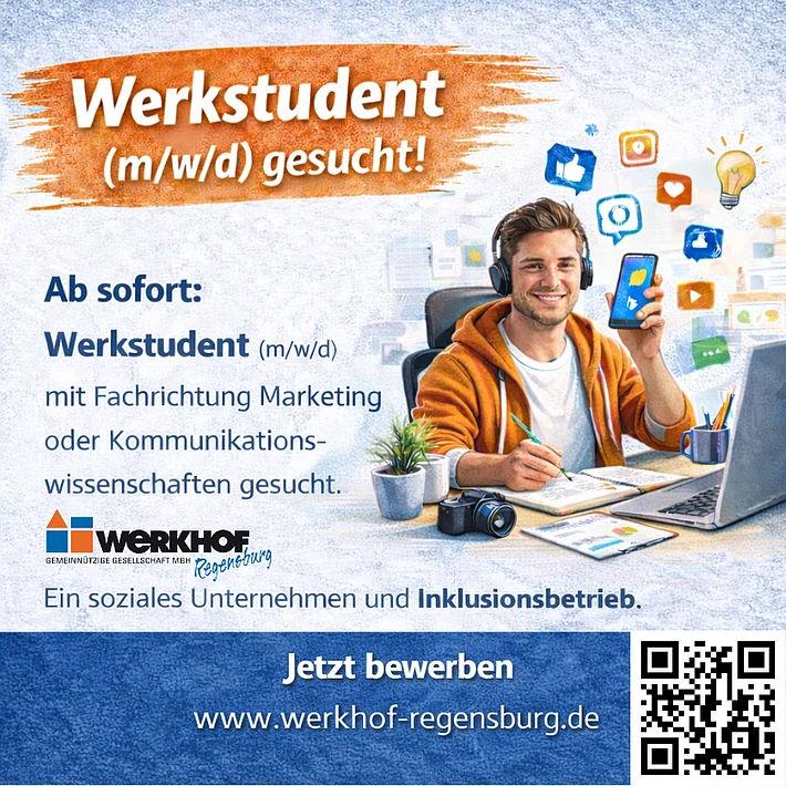 Stellenanzeige Werkhof Regensburg: Gesucht wird ein Werkstudent mit Fachrichtung Marketing oder Kommunikationswissenschaften (m/w/d). Das Bild zeigt eine arbeitende Person am Laptop. 