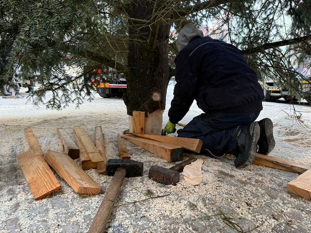 Der Christbaum 2025 wird in der Bodenhülse fest verkeilt