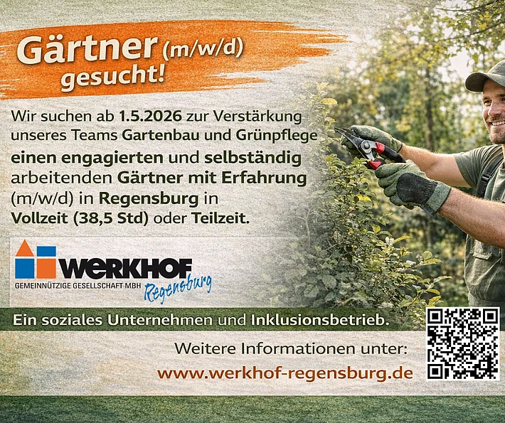 Stellenanzeige Werkhof Regensburg: Gesucht wird ein Gärtner. Die Abbildung zeigt eine Person in Arbeitskleidung die mit einer Gartenschere einen Strauch schneidet.