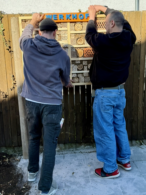 Handwerklicher Anleiter und Teilnehmer stellen ein Insektenhotel am Werkhof Regensburg auf.