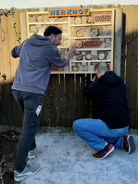 Handwerklicher Anleiter und Teilnehmer stellen ein Insektenhotel am Werkhof Regensburg auf.