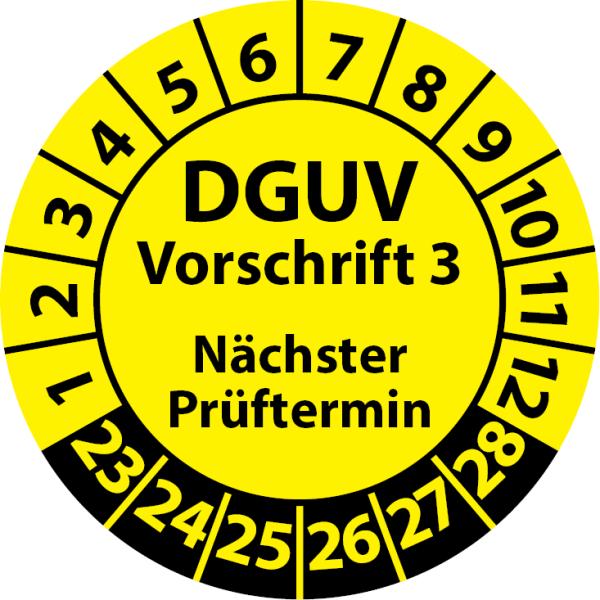 Symbolfoto einer DGUV‑3‑Prüfplakette zur Sicherheitsprüfung elektrischer Geräte
